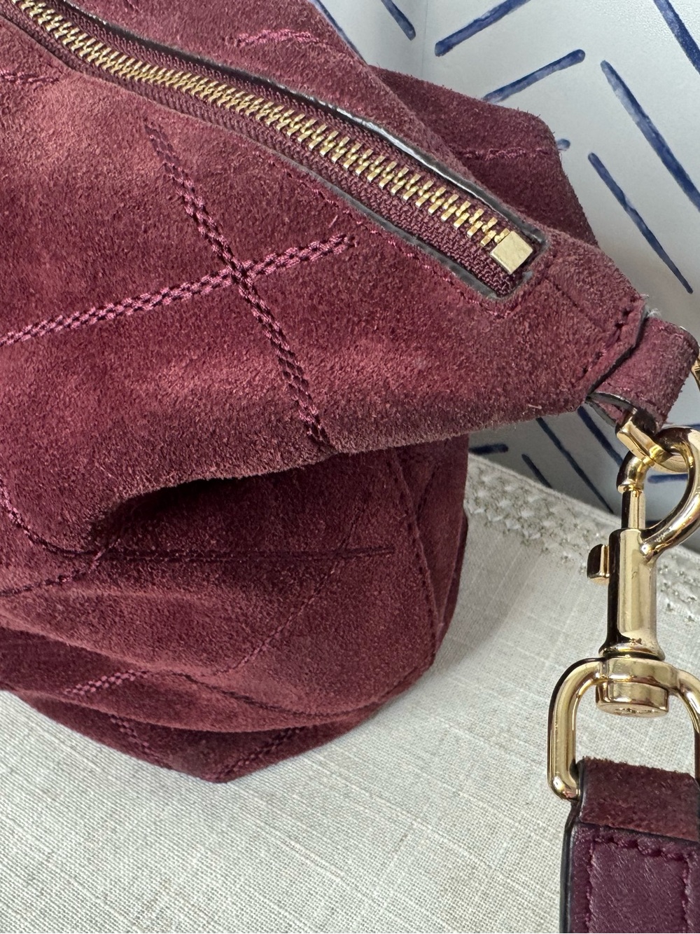 Tory Burch Frida Suede Quilted Satchel Plum Gold EXCELLENT - Picture 3 of 11